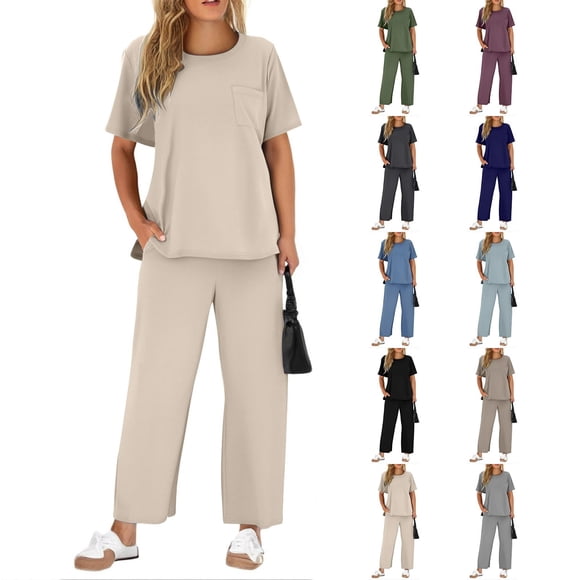 Women's Solid Two Piece Matching Set V Neck Lounge Set with Relaxed Fit Summer Vacation Travel Outfit Casual JASKFLY Green XL
