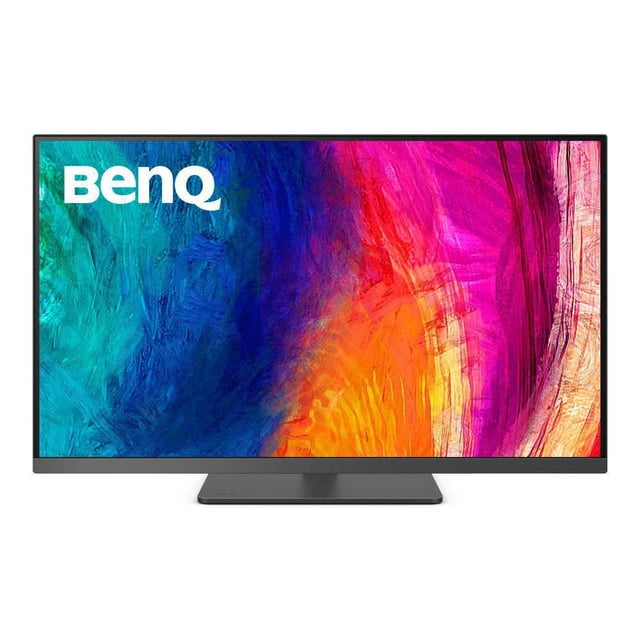 BenQ DesignVue PD3205U 32-inch 4K UHD sRGB HDR10 USB-C designer monitor with a 31.5-inch IPS panel showing a vibrant abstract color pattern in blue, purple, orange, and pink, featuring slim bezels and a rectangular base stand, designed for precise color work and suitable for multitasking with Picture-in-Picture and Picture-by-Picture modes.