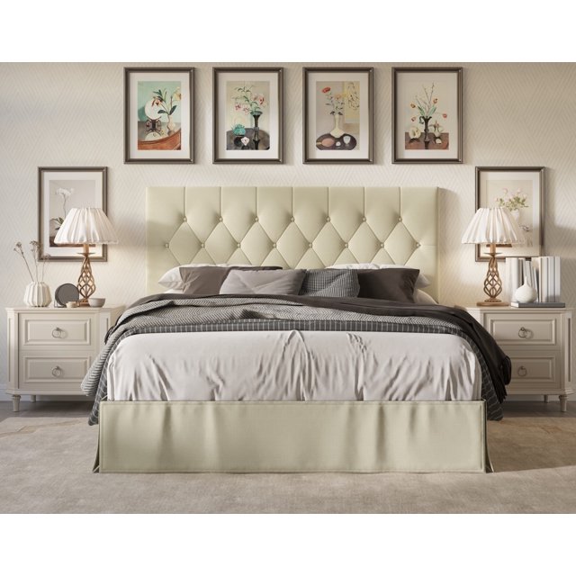 HMD Zachary Full Tufted Upholstered Platform Bed, Beige