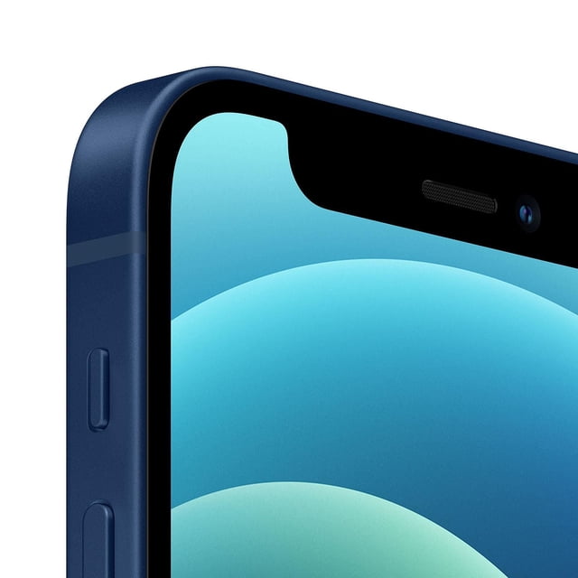 Vue Gros Plan de l'Apple iPhone 12 Mini A2176 128 Go en Bleu, Mettant en Valeur Son design Bord Épuré et Sa Caméra Frontale. Ce Téléphone Intelligent Déverrouillé Présente iOS 15.4, une Puce Apple A14 Bionic 3.0 GHz, et un Système de Caméra Double 12MP avec Objectifs Ultra Larges et Larges.