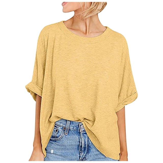 AherBiu Hauts Surdimensionnés pour Femmes Manches 3/4 Encolure Dégagée Été Décontracté Ample Haut T-Shirts Blouse