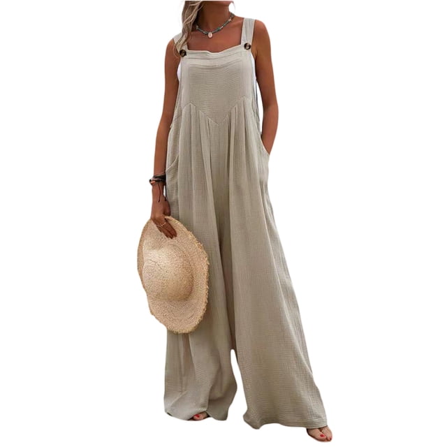 Kmbangi Women’s Casual Button Wide Leg Suspender Overalls with Pockets Fashion Solid Color Jumpsuit