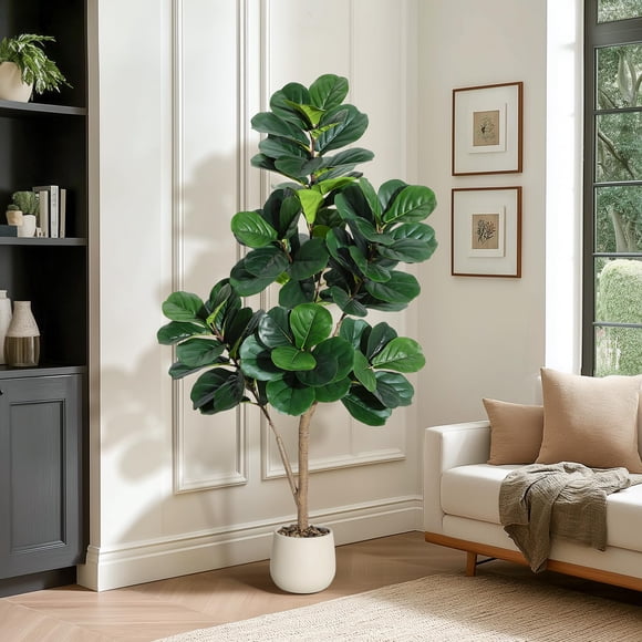 GOGRANT Artificial Fiddle Leaf Fig Tree 120/150/180/210cm Tall Faux Floor Plant, PE Material Realistic Leaves with Decorative Stones, White/Black Planter for Home Office Indoor Decor
