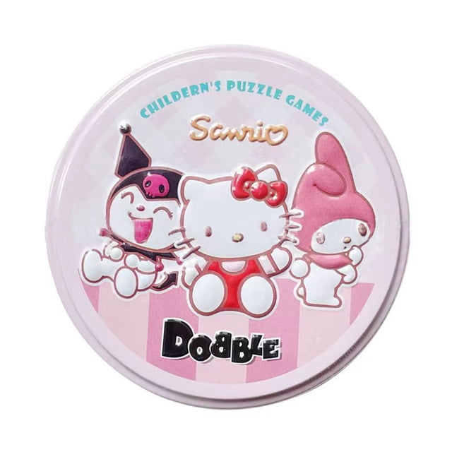 Jeu de Cartes Spot It avec Boîte en Métal à Impression Claire et Bords Lisses, Conçu pour les Enfants de 6 Ans et Plus. la Boîte Ronde Compacte Affiche des Personnages Sanrio Colorés, Dont Hello Kitty, Kuromi et My Melody, sur un Fond Rose. Fabriqué en Papier durable, le Jeu Est Ranger dans une Boîte en Fer Robuste Mesurant 9,7 x 9,7 x 4,5 cm. Idéal pour les Séances de Jeux de Cartes en Famille et les occasions de Cadeaux.
