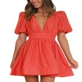 thumbnail image 1 of Ladies‘ Summer Casual A-line Dress in Solid Color with Deep V-Neckline, 1 of 5