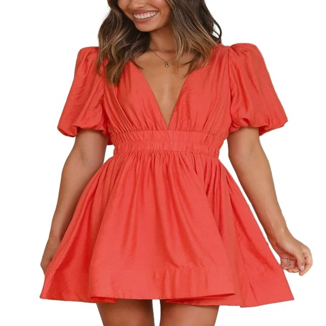 Ladies‘ Summer Casual A-line Dress in Solid Color with Deep V-Neckline