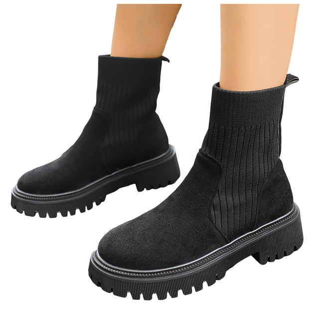 Rokment Bottes de Combat à Plateforme pour Femmes 2025 Automne Hiver Mode Suède Tricot Patchwork Extensible Talon Épais Mi-Mollet Courtes Robe Bottines à la Cheville