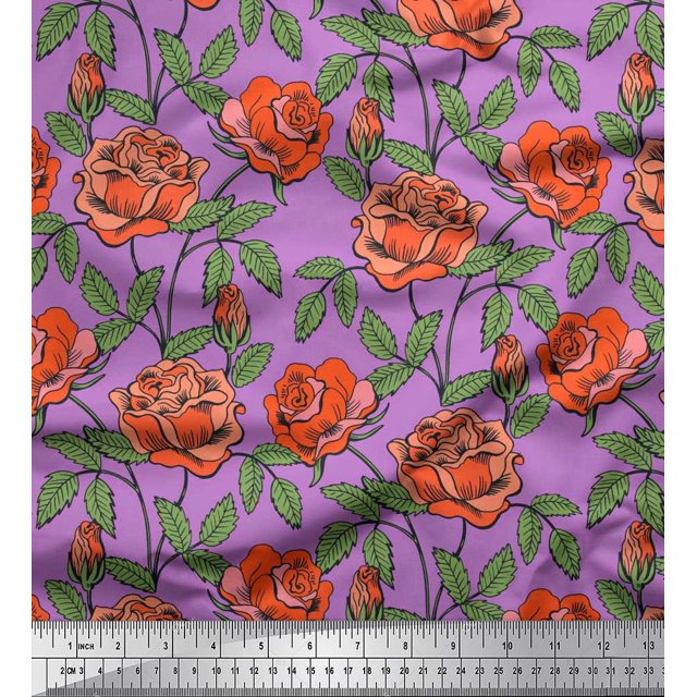 Soimoi Tissu Popeline de Coton Imprimé Feuilles & Roses au Mètre 56 Pouces de Large