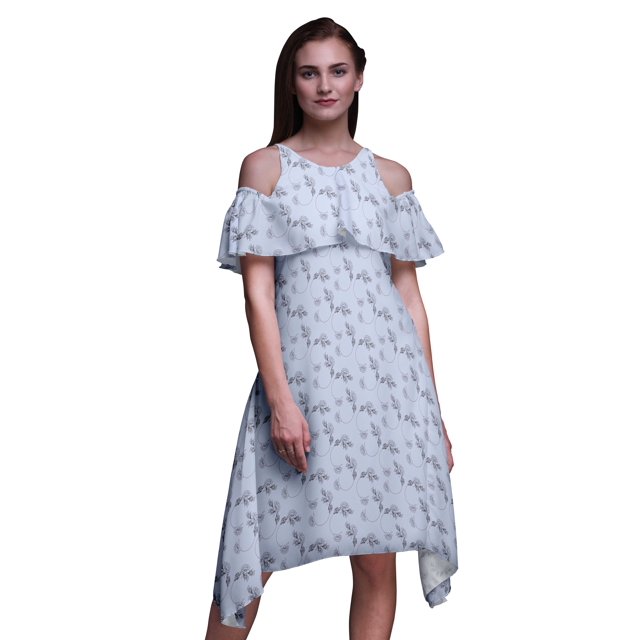 Bimba Robe à Volants Imprimée Florale Bleue pour Femmes Épaules Dénudées - Grande