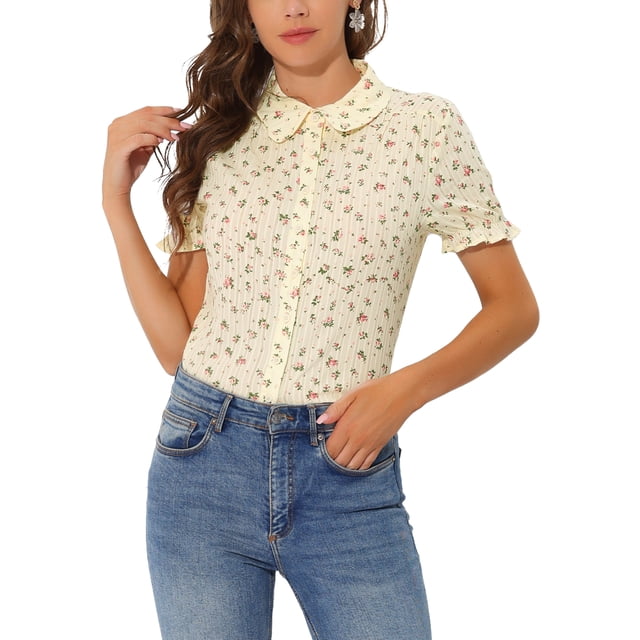 INSPIRE CHIC Chemise Imprimée pour Femme à Col Peter Pan Boutonnée à Manches Bouffantes Beige P