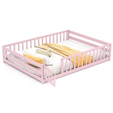 Costway Lit au Sol Pleine Grandeur avec Garde-Corps de Sécurité Pleine Longueur et Porte pour Garçons, Filles Rose