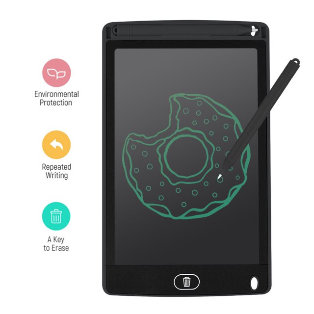 LVCHENG 8-Inch LCD Writing Tablet in black, featuring an ultra-thin design with a 5mm thickness. The tablet includes a stylus and showcases a green drawing of a donut on its screen. It has an erase button for easy content deletion and supports repeated writing up to 100,000 times. Powered by a CR2016 button battery, it is lightweight and portable, suitable for writing, drawing, and memo-taking.