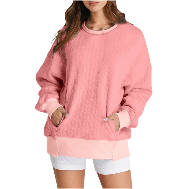 MeetoTime Women's Crewneck Sweatshirts Fall Long Sleeve Oversized Pullover Sweatshirts with Pockets