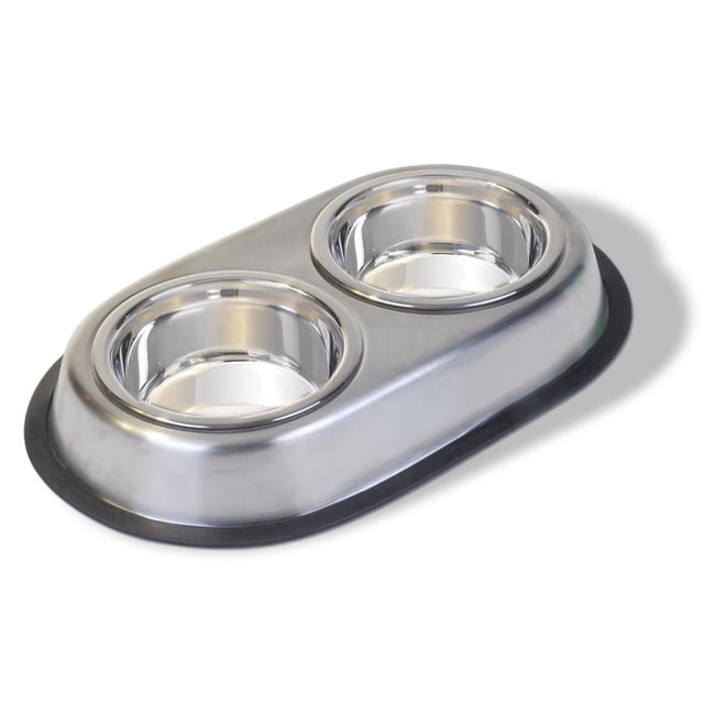 Van Ness Stainless Steel Double Diner 1,89L with two polished stainless steel bowls in a single base featuring a non-skid rubber bottom, hygienic and easy to clean, suitable for medium and large pets, dishwasher safe.