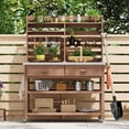 thumbnail image 4 of Noble House 64.9" Outdoor Potting Bench & Kitchen Island, Solid Wood with Upper Hutch, Stainless Top & Towel Rack,Brown, 4 of 8