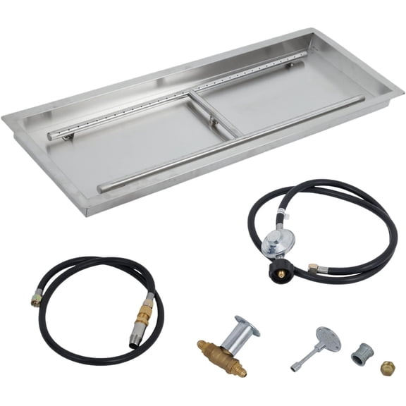 Outdoor Fire Pit Burner Kit, 24x8 in Stainless Steel Drop-In Pan, Propane & Natural Gas, Includes Hose & Burner