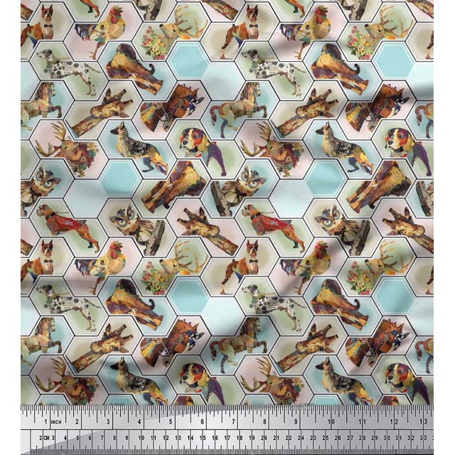 Soimoi Silk Fabric Geometric,Bird & Animals Patchwork Print Fabric by The Yard 42 Inch Wide