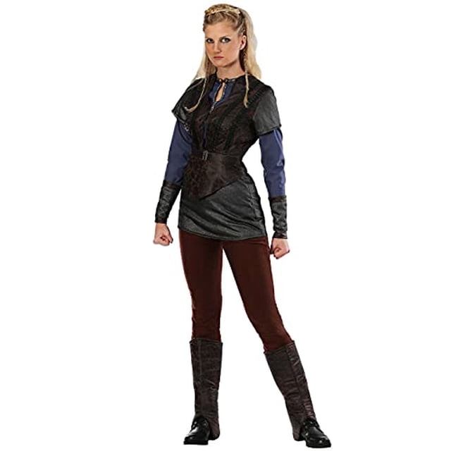 Vikings Lagertha Lothbrok Costume pour Femmes Petit. Ce Costume sous Licence Officielle de la Série History Channel Vikings Comprend une Chemise en Popeline avec Bordure en Ruban Brocart Métallique, une Tunique en faux Suède et en Maille avec Laçage Décoratif, une Ceinture en faux Cuir avec une Boucle Ton Laiton Antique, un Pantalon à Taille Élastique, des Gantelets en Maille et en faux Suède avec Laçage à Cordon, et des Hauts de Bottes en faux Suède avec Dos en Mousse. Fabriqué à Partir de polyester, Coton et Matériaux en faux Suède, Il Réplique le Style Authentique de la Tenue
