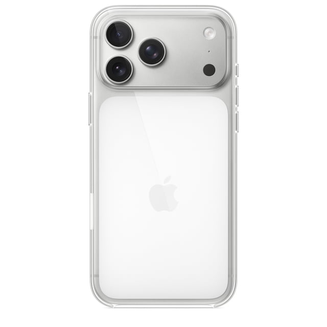 iPhone 17 Pro Max Clear Case with MagSafe showing the back of a silver iPhone 17 Pro Max inside a thin, transparent case with precise button covers, triple camera lenses, scratch-resistant coating, and built-in magnets for MagSafe and wireless charging compatibility.