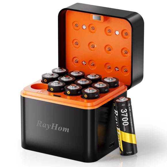 Piles AA au Lithium Rechargeables avec Chargeur - Lot de 12 Piles Double A pour Caméra Blink, Sortie Constante 1,5 V 3700 MWh Grande Capacité, Durée de Cycle jusqu'à