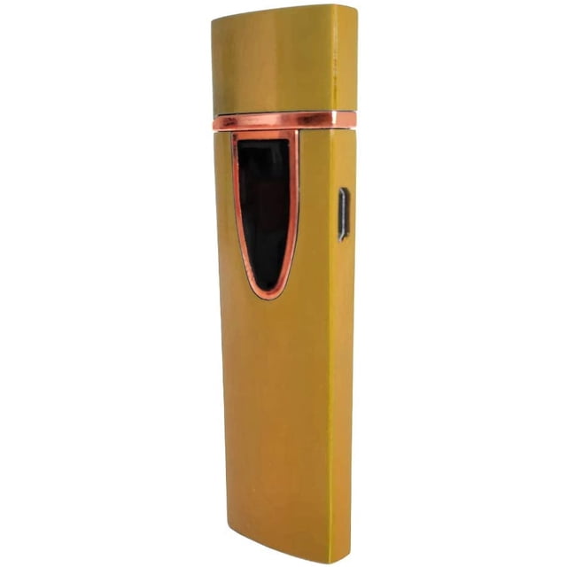 USB Plasma Lighter Flameless Electric Double ARC Dual Pulse Torch in glamorous gold finish. Features a sleek rectangular design with a visible USB charging port on the side and a black and copper accent detail on the front. Windproof, flameless, and eco-friendly, this rechargeable lighter is powered by a lithium battery and provides over 100 lights on a full charge. Ideal for lighting candles, incense, and more, it is suitable for indoor and outdoor use.