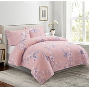 Marina Decoration Ultra Soft Silky Rich Printed Rayon from Bamboo All Season Duvet Cover Fitted Sheet Ensemble Bedding Set with Zipper and Corner Tie, Purple Floral Pink Pattern