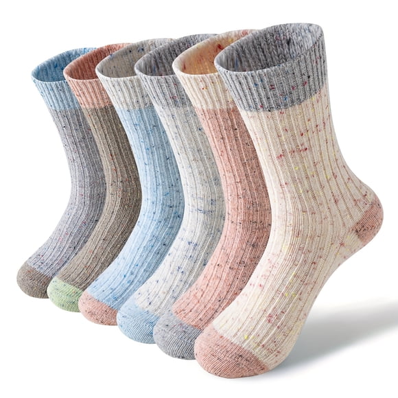 LEEYNEER [Chaussettes Douillettes en Laine Mérinos] 6 Paires Chaussettes Mi-Mollet à Rayures pour Femmes en Laine Mérinos / Longues Chaudes d'Hiver Thermiques Épaisses Confortables Chaussettes de Cabine de Randonnée Bottes de Travail à Blocs de Couleur Cadeau Mode