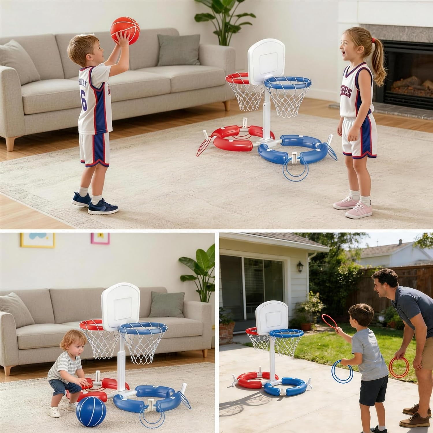 Panier de basket flottant 2 en 1 pour piscine, jeu tir et lancer d'anneaux avec ballon, pompe et anneaux, jouet d'été pour enfants