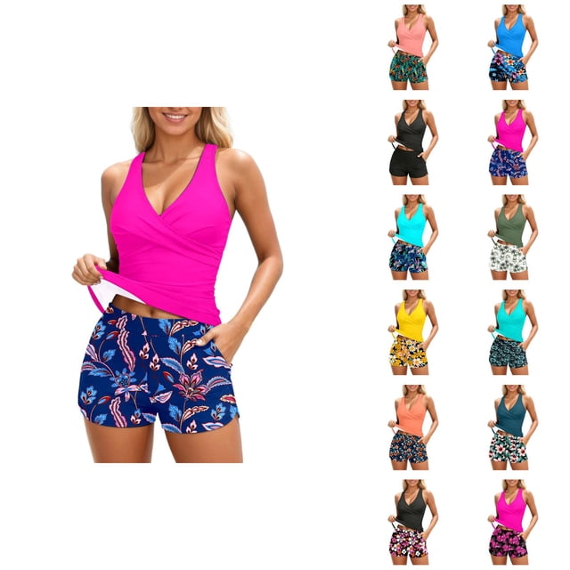 Maillots de Bain Tankini pour Femmes 2026 Décontractés, Modestes, à Col en V Profond, Haut Croisé avec Short de Bain, Maillots de Bain Deux Pièces pour Femmes