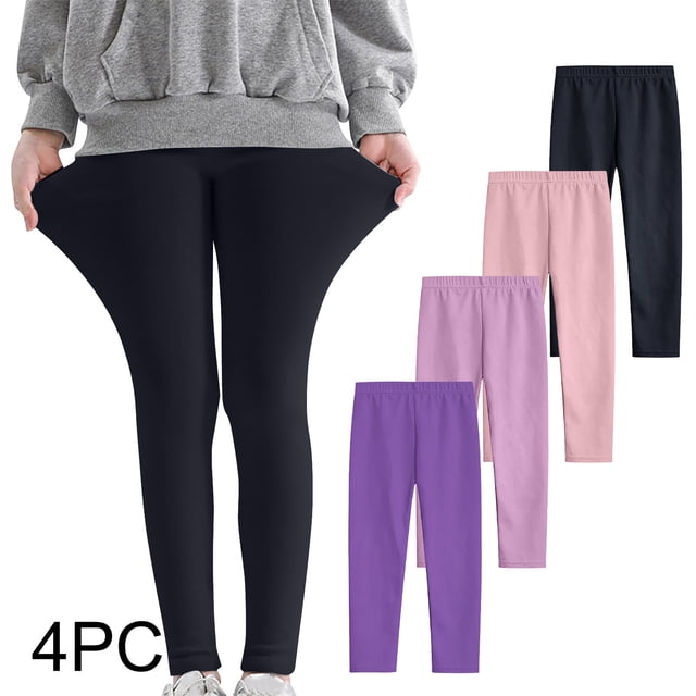 YUNAFFT Girls Stretchy Soft Leggings 3-12Y 4-Pack Lycra Spandex Pure Color Breathable Base Layer Pants