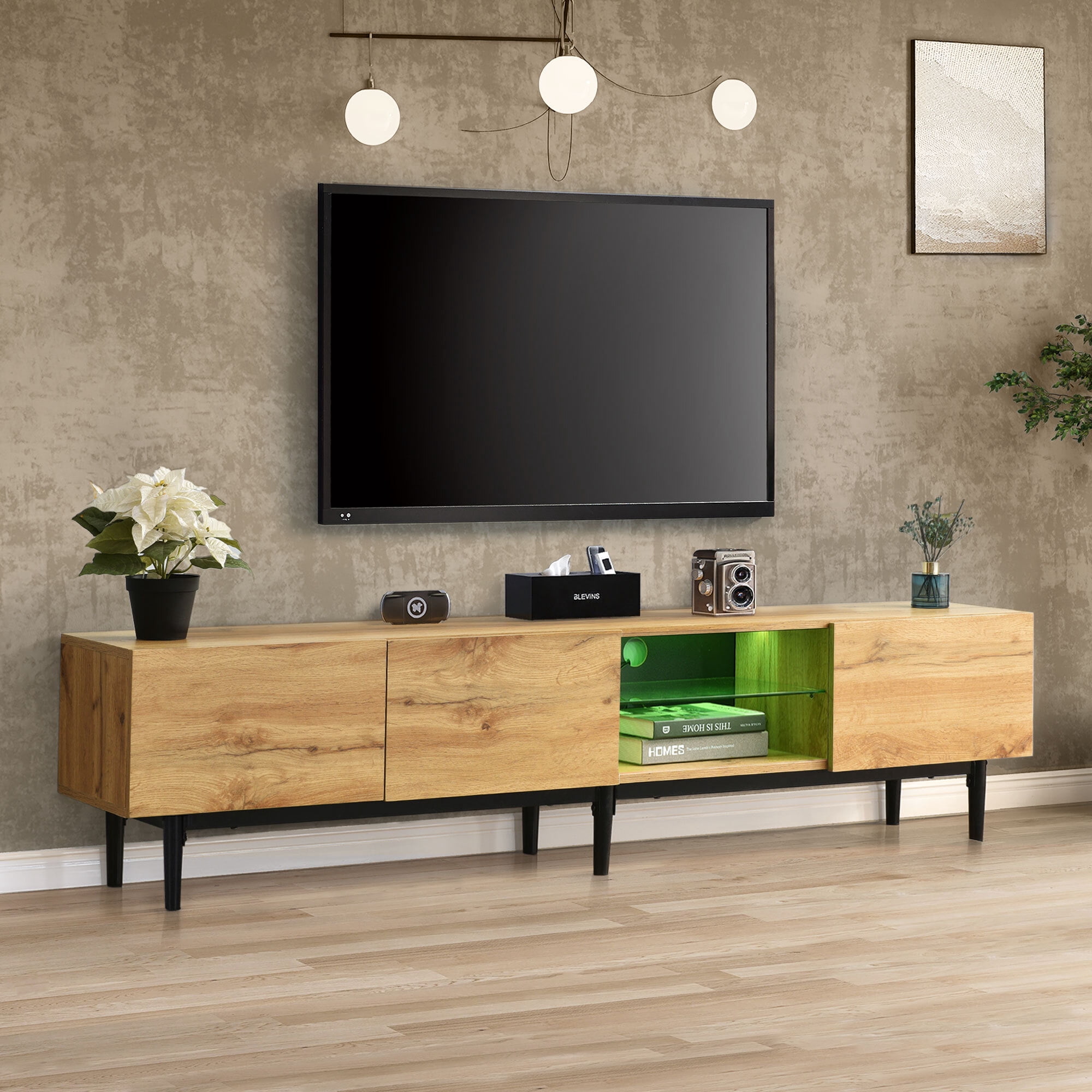MODERNLUXE 69" Farmhouse TV Stand for TVs up to 80",Entertainment Center with Adjustable LED Lights and Storage Cabinets, Media TV Console for Living Room, Natural