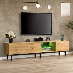 MODERNLUXE 69" Farmhouse TV Stand for TVs up to 80",Entertainment Center with Adjustable LED Lights and Storage Cabinets, Media TV Console for Living Room, Natural