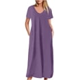 thumbnail image 1 of AherBiu Robe T-Shirt Longue Grande Taille pour Femmes à Manches Courtes, Col en V, Été, Décontractée, Confortable, avec Poches, 1 of 5