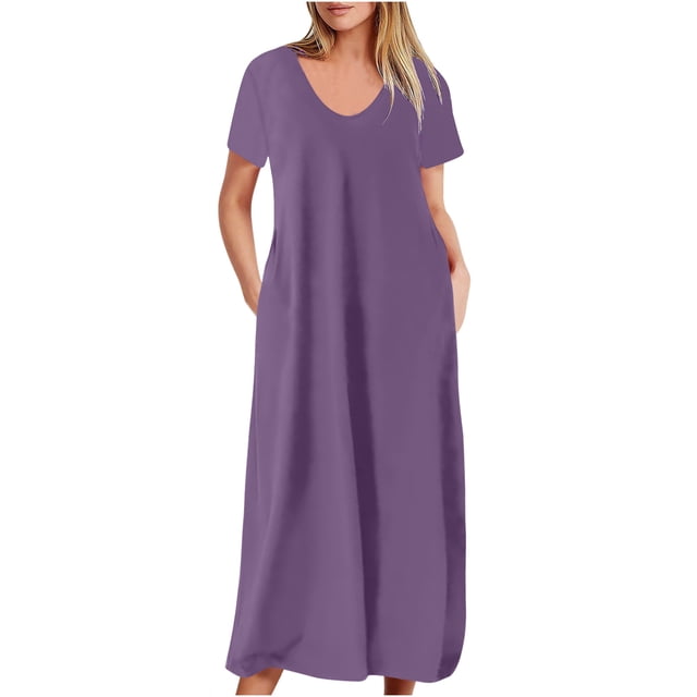 AherBiu Robe T-Shirt Longue Grande Taille pour Femmes à Manches Courtes, Col en V, Été, Décontractée, Confortable, avec Poches