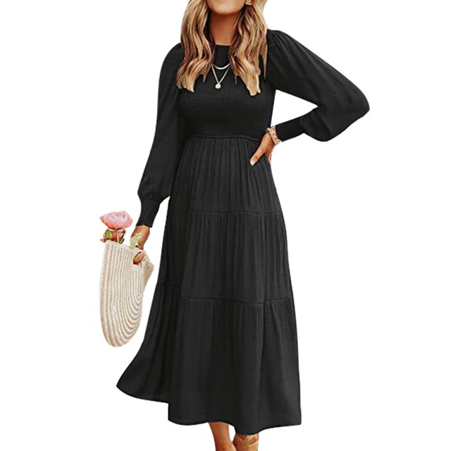 MAWCLOS Robe Maxi Ample à Manches Longues pour Femmes, Robe Évasée de Soirée en Noir, Taille TG. Cette Robe de Couleur Unie Présente un Col Rond, des Manches Longues et une silhouette Évasée Fluide avec des Détails Plissés. Fabriquée à 95 % polyester et 5 % Élasthanne, le Tissu Est Léger, Doux et Confortable. Convient aux occasions Décontractées, de Fête, de Vacances Ou Formelles, Elle s'Agence Bien avec des Talons Ou des Bottes pour un Style Stylé.