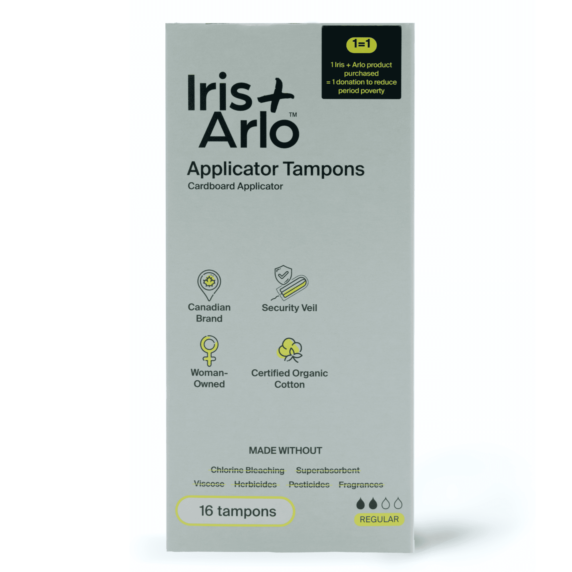 Iris + Arlo Organic Tampons Glossed Cardboard Applicator, Regular, 100% Cotton, Chemical-Free, Non-toxic, No plastic (16 Count)