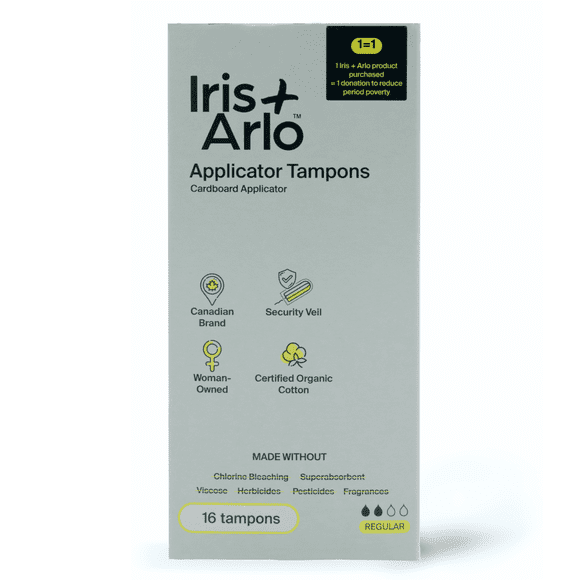 Iris + Arlo Organic Tampons Glossed Cardboard Applicator, Regular, 100% Cotton, Chemical-Free, Non-toxic, No plastic (16 Count)