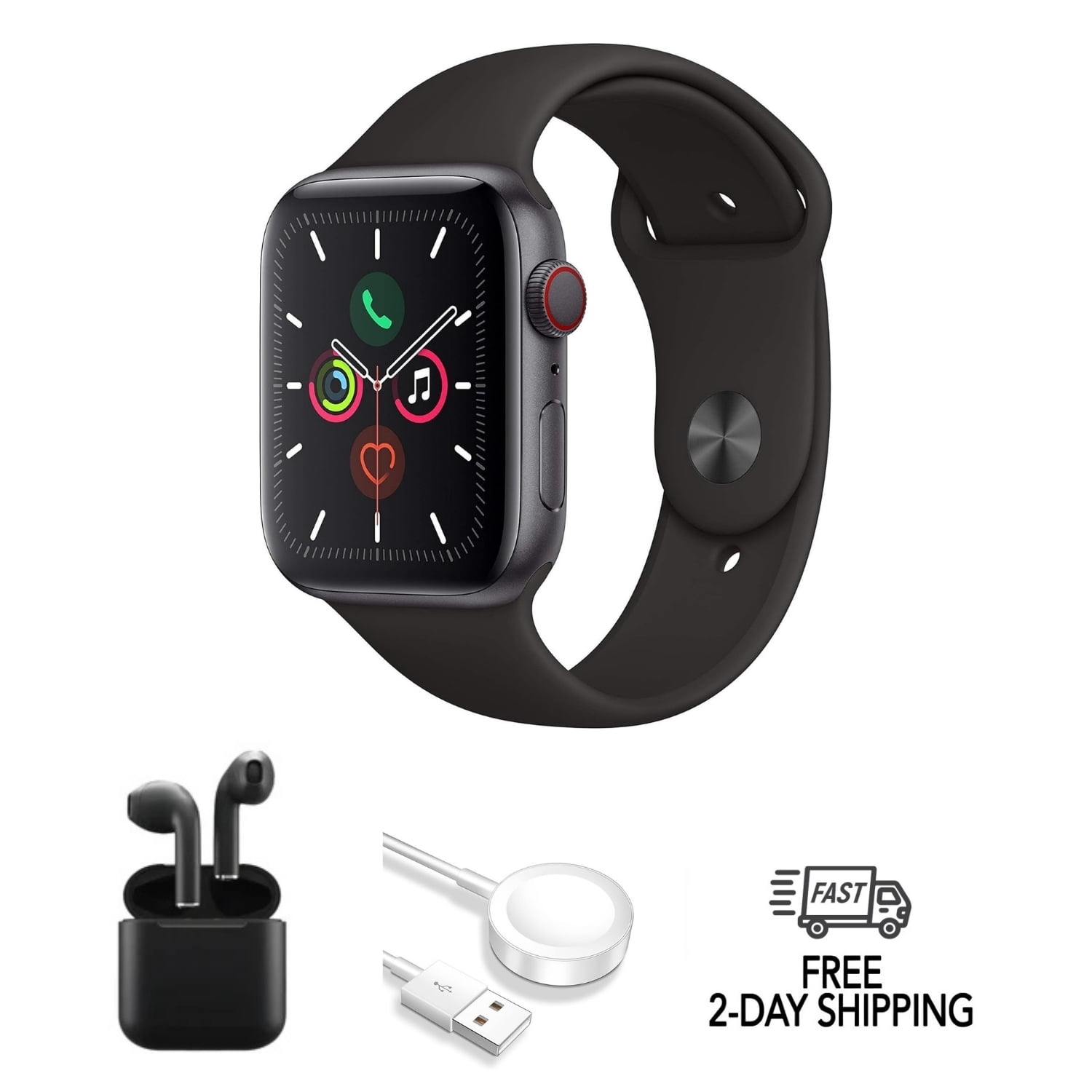 Refurbished Apple Watch Series 5 Aluminum 44mm A2093 (GPS Only, No Cellular) Space Gray w/ Wireless Earbuds
