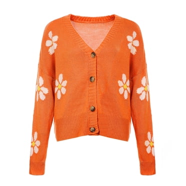 Pisexur Women's Knit Cardigan Sweaters Long Sleeve Open Front Cardigan Sheep V-Neck Button Down Daisy Embroidery Wool Blend Sweater Coat Outwear