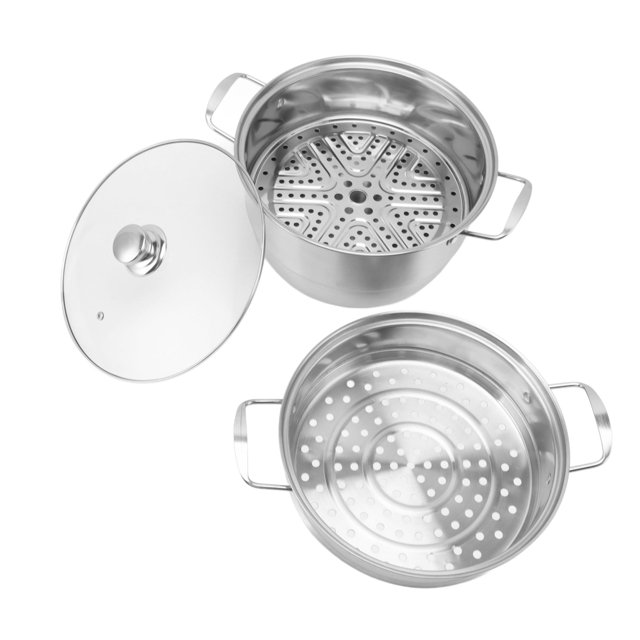 Steam Pot for Cooking by Dewin, featuring a stainless steel construction with a stackable design. Includes a steam pot, steam tray, steam basket, and a glass lid with a stainless steel handle. The pot has a diameter of approximately 28 cm (11 inches) and is compatible with various stoves, including induction, gas, electric, and halogen. Designed for efficient steaming with 360-degree cycle direction, it retains flavor and nutrition, making it ideal for vegetables, seafood, and more.