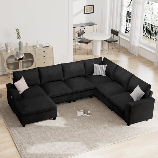 120.1" L Shaped Modular Sectional Sofa, 7 Seater Sectional Sofa with Storage Ottoman,Black