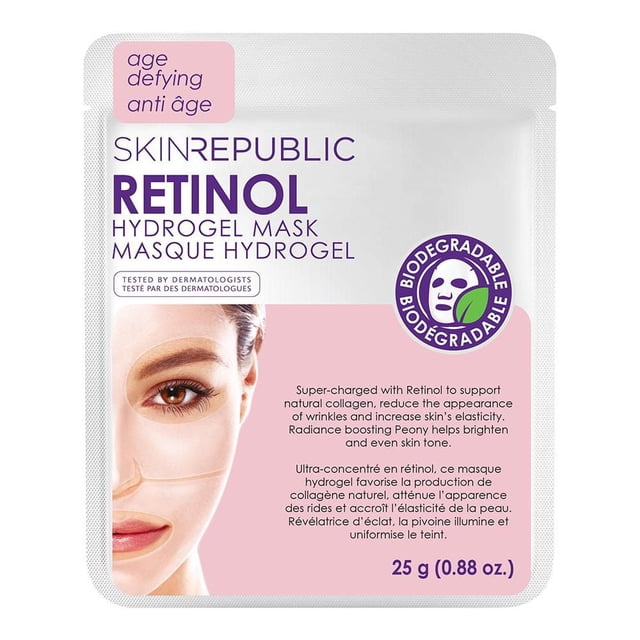 Retinol Hydrogel Mask by Skin Republic in a white and pink biodegradable sachet, formulated with retinol to reduce wrinkles, support collagen production, and improve skin elasticity, containing 25 g (0.88 oz.) of product.