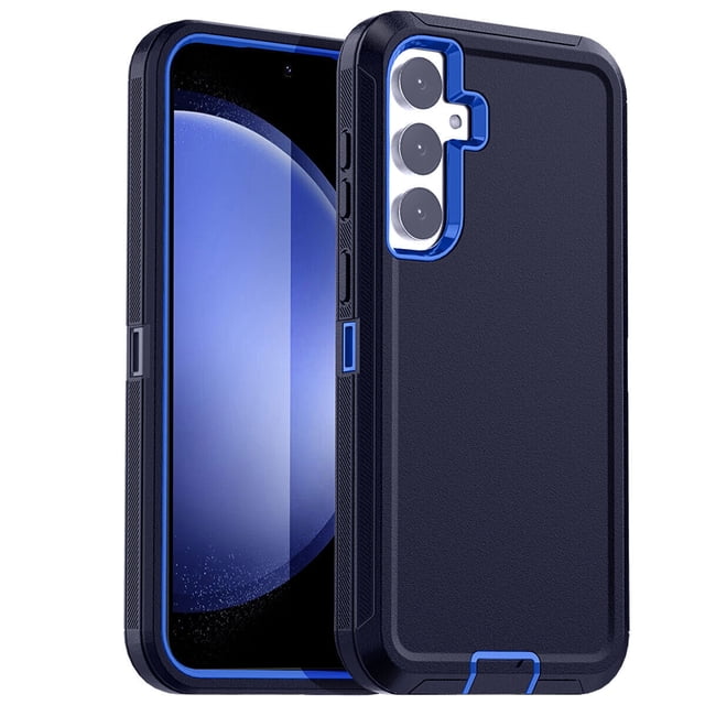 Samsung Galaxy S25 / S24 Étui Protecteur Rigide avec protection Antichoc à Triple Couche, Présenté dans un design Bleu Marine et Noir avec des Découpes Précises pour Boutons, ports et Caméra. Présente un Bord Surélevé pour la protection de l'Écran et de la Caméra, des Coins Renforcés pour la Résistance aux Chutes, et une Prise Antipoussière pour le port de Chargement.