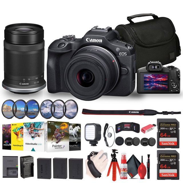 Canon EOS R100 Mirrorless Camera with 18-45mm and 55-210mm Lenses Kit (6052C022) + Filter Kit + Corel Photo Software + Bag + 2 x 64GB Card + 2 x LPE17 Battery + Charger + LED Light + More