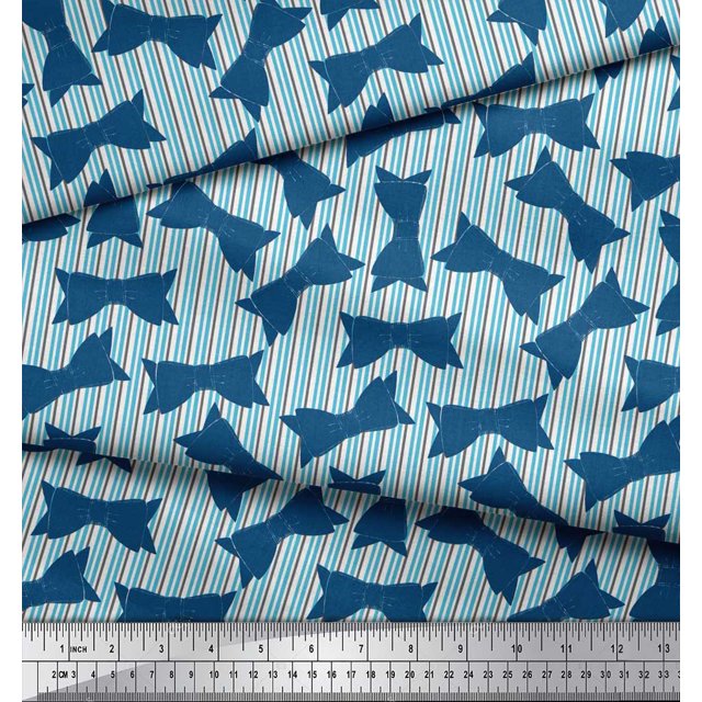 Soimoi Blue polyester Crepe Fabric Bow & Stripe Fabric Prints By Yard 42 Inch Wide