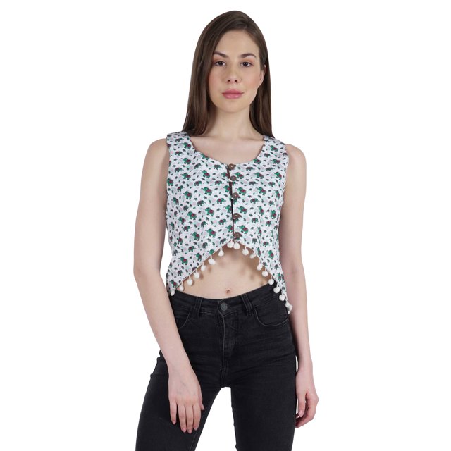 Moomaya Crop Top à Franges Imprimé pour Femmes, Blouse d'Été Sans Manches à Boutons