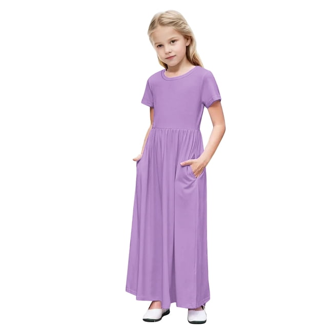biudgviw Robe Maxi pour Filles à Manches Courtes, Col Ras du Cou, Couleur Unie, Robe Trapèze Décontractée, Robe d'Été Longue avec Poches