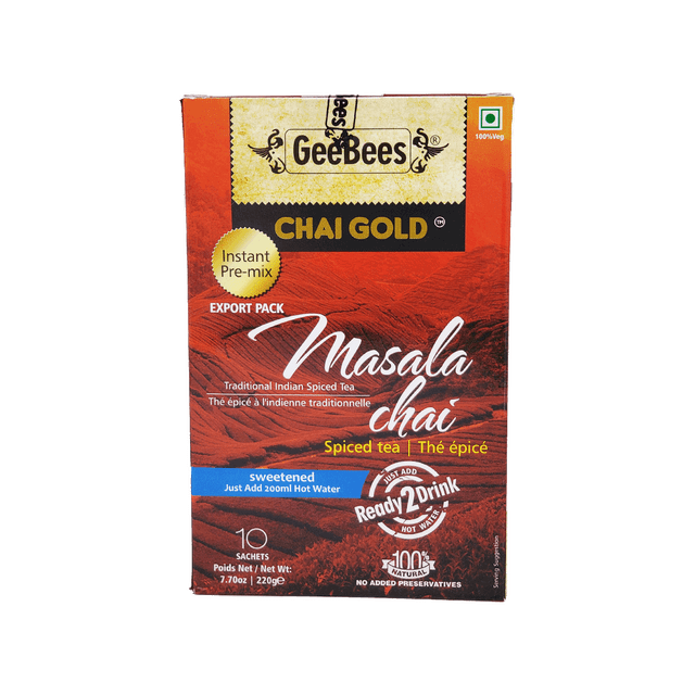 GeeBees Chai Gold Masala Chai, Sweetened, Instant Pre-Mix, 10 Sachets, Authentic Indian Masala Tea, Ready to Drink Tea - No Added preservatives, Natural Tea