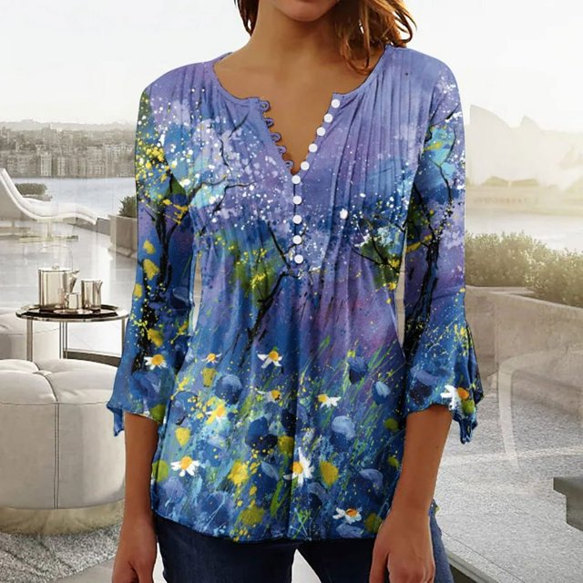 Femmes Tops Top Floral Impression V-Cou à Manches Courtes T-Shirt Beige L