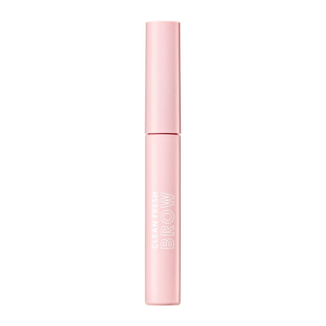 Clean Fresh Brow Enhancer Gel Wax in a slim, cylindrical light pink tube with white text, a clear, non-sticky eyebrow gel that lifts and holds brows with flexible, all-day wear. Features a cone-shaped brush for precise, mess-free application and smudge-proof, sweat-proof formula suitable for enhanced, fuller-looking brows.